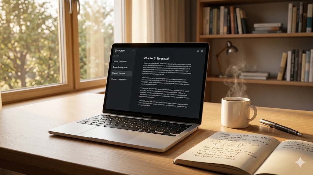 Writer working on a manuscript in Auctor