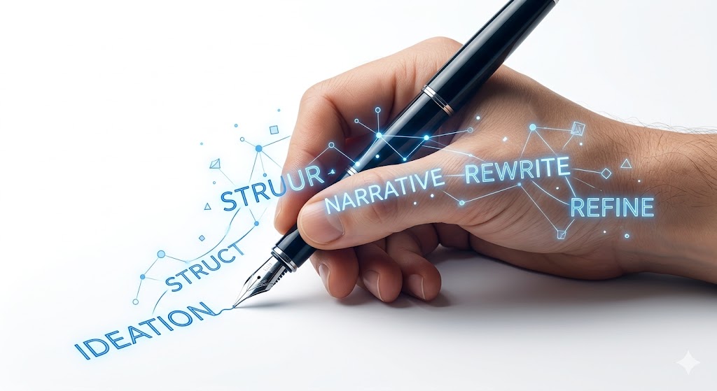 A calm writing setup with notebook and manuscript notes