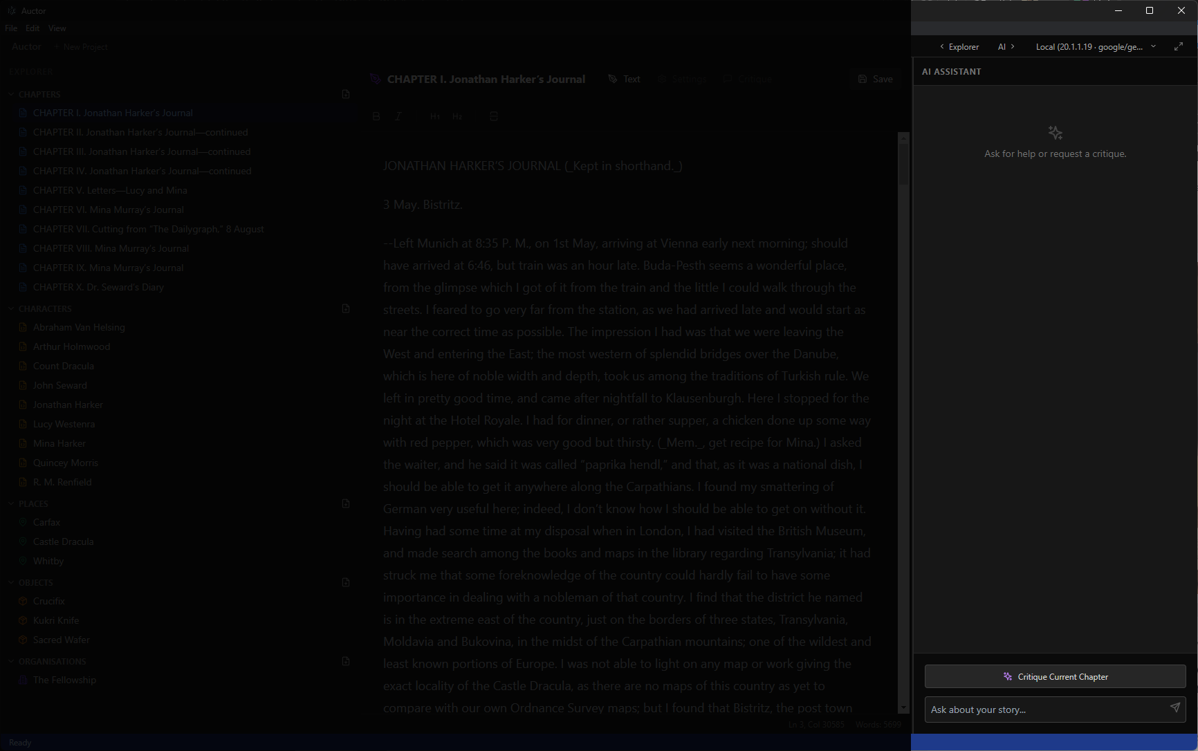 The AI Assistant panel open in Auctor's right-hand sidebar alongside the chapter editor