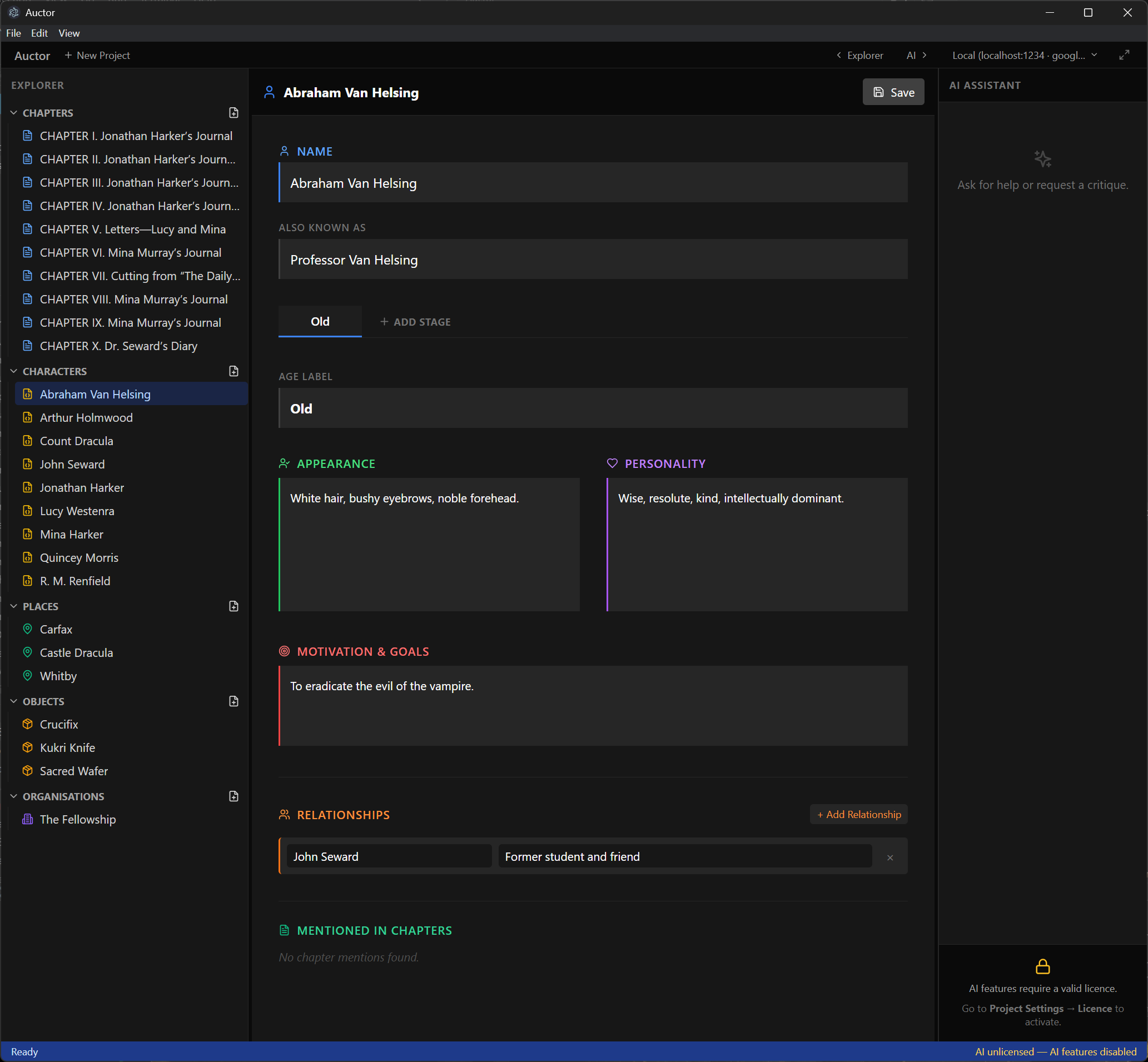 A Character Card for Abraham Van Helsing open in Auctor, showing his name, aliases, life stage, appearance, personality, motivation, and relationships fields