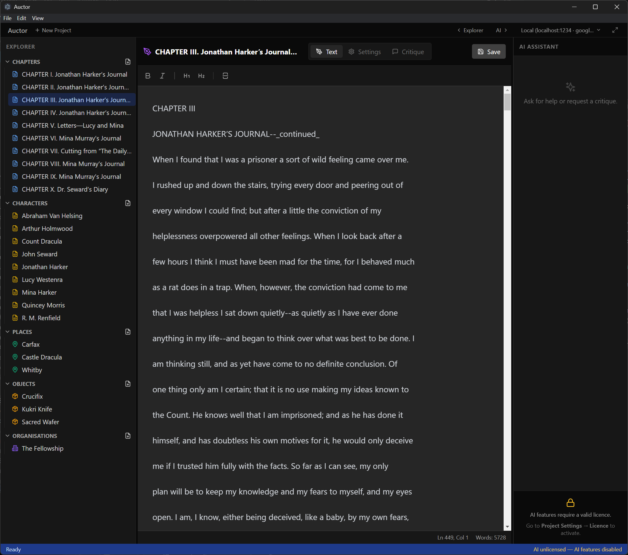 A Chapter Card open in Auctor showing the text editor with the AI assistant panel
