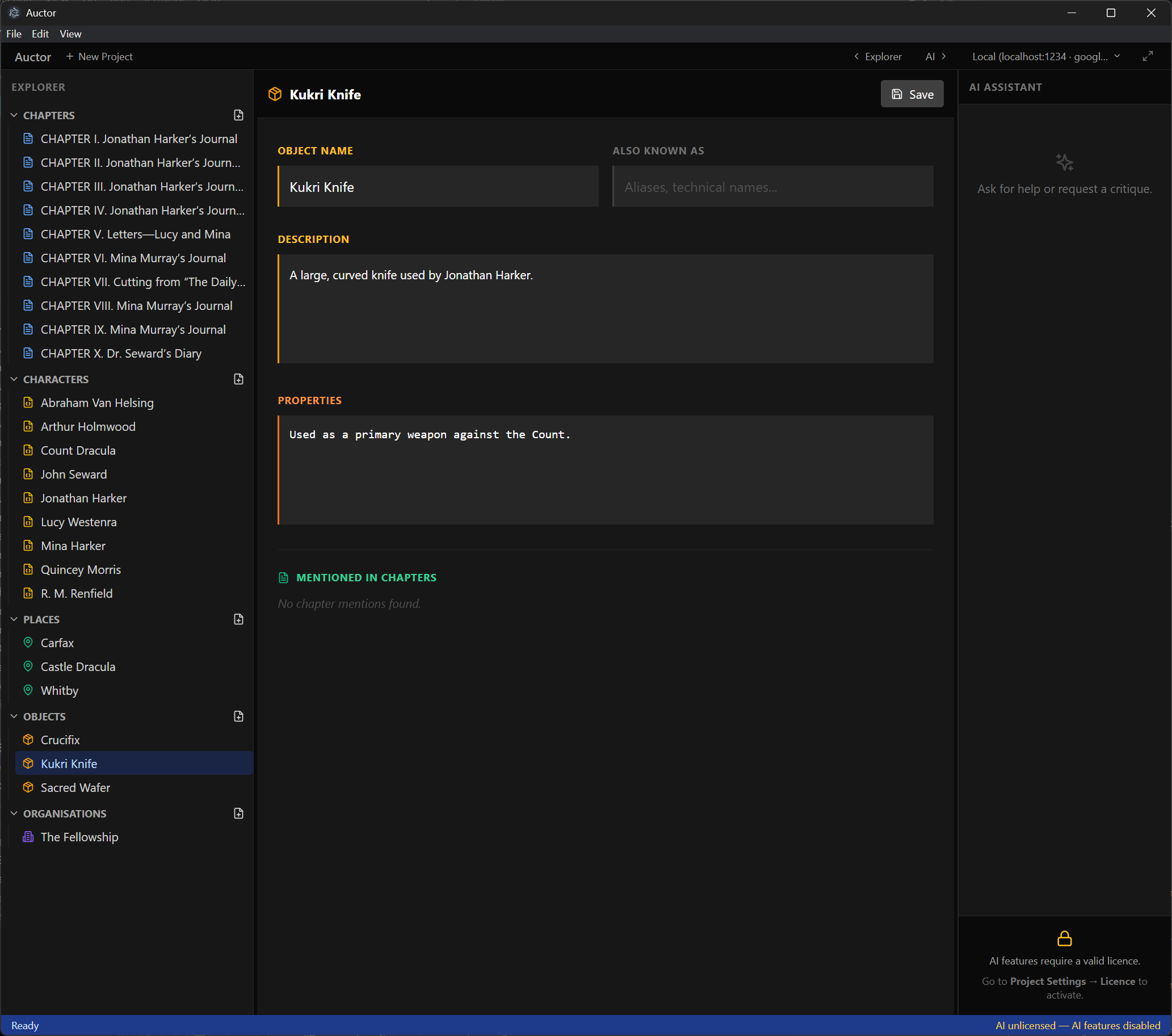 An Object Card for the Kukri Knife open in Auctor, showing the object name, description, properties, and mentioned-in-chapters fields