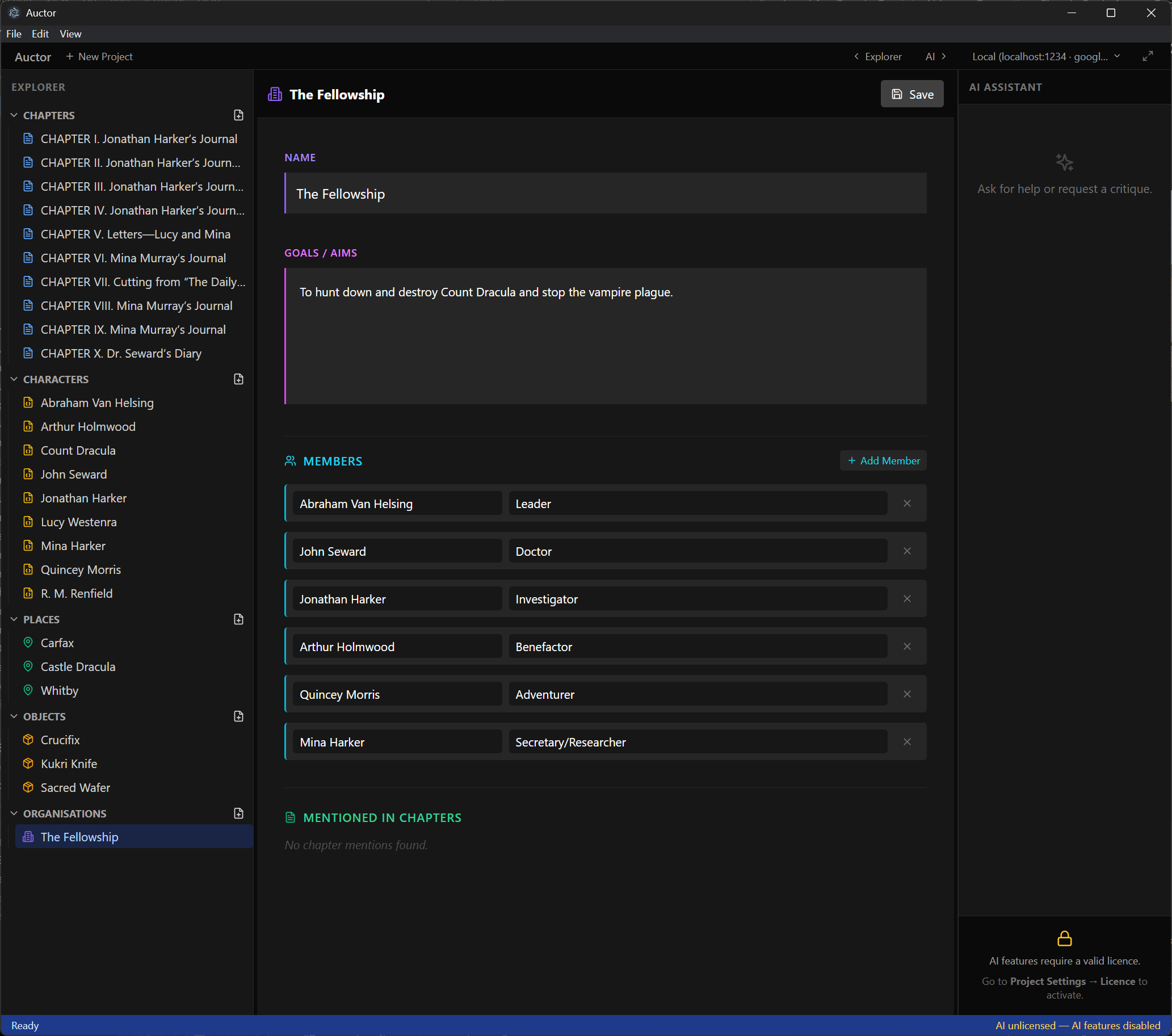 An Organisation Card open in Auctor showing the organisation name, goals, members roster, and mentioned-in-chapters fields